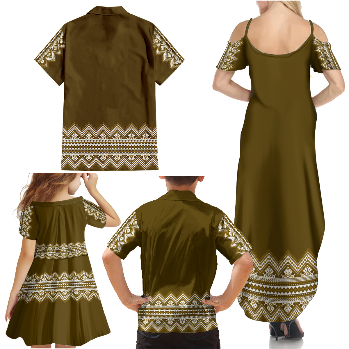 Ukraine Folk Pattern Family Matching Summer Maxi Dress and Hawaiian Shirt Ukrainian Wood Brown Version - Wonder Print Shop