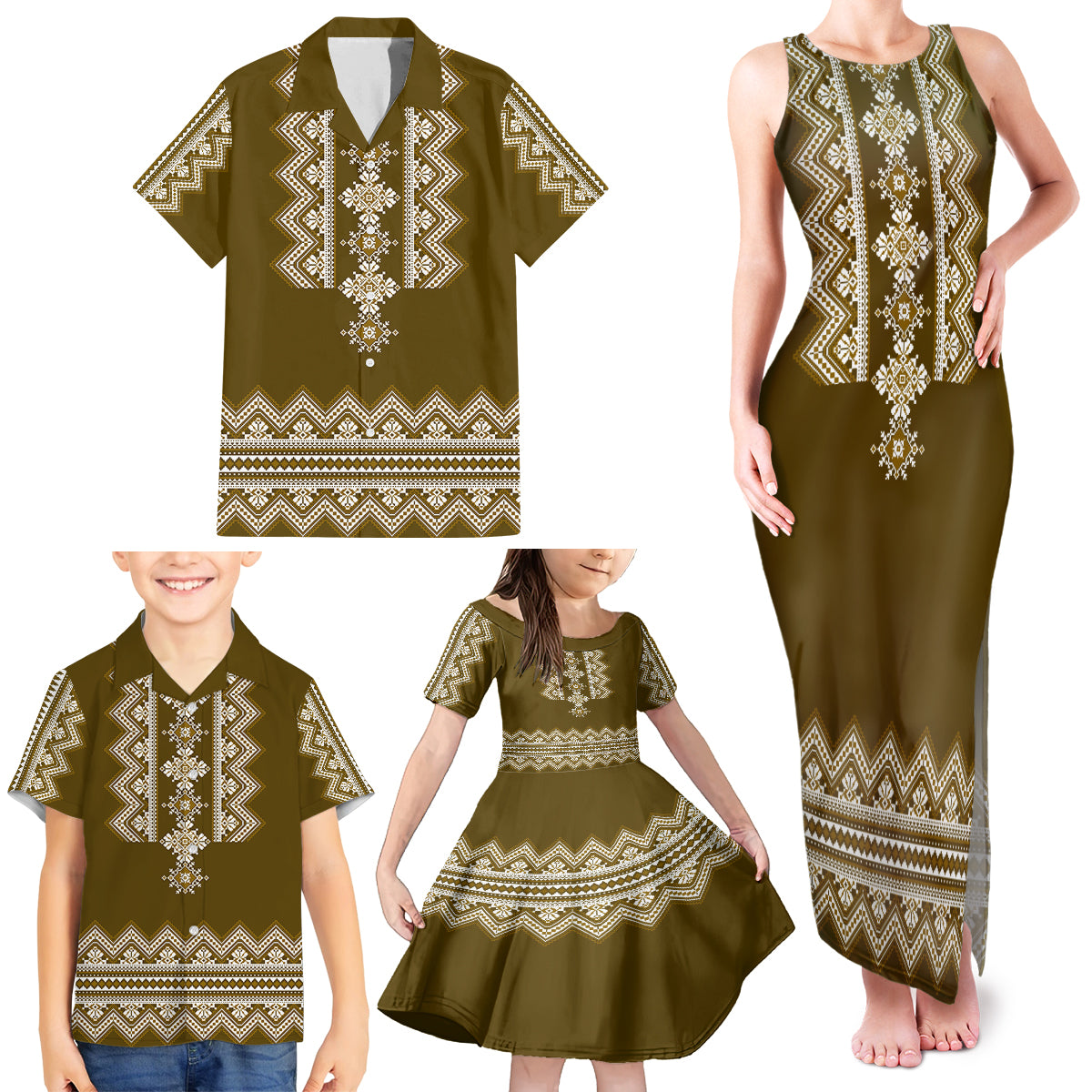 Ukraine Folk Pattern Family Matching Tank Maxi Dress and Hawaiian Shirt Ukrainian Wood Brown Version - Wonder Print Shop