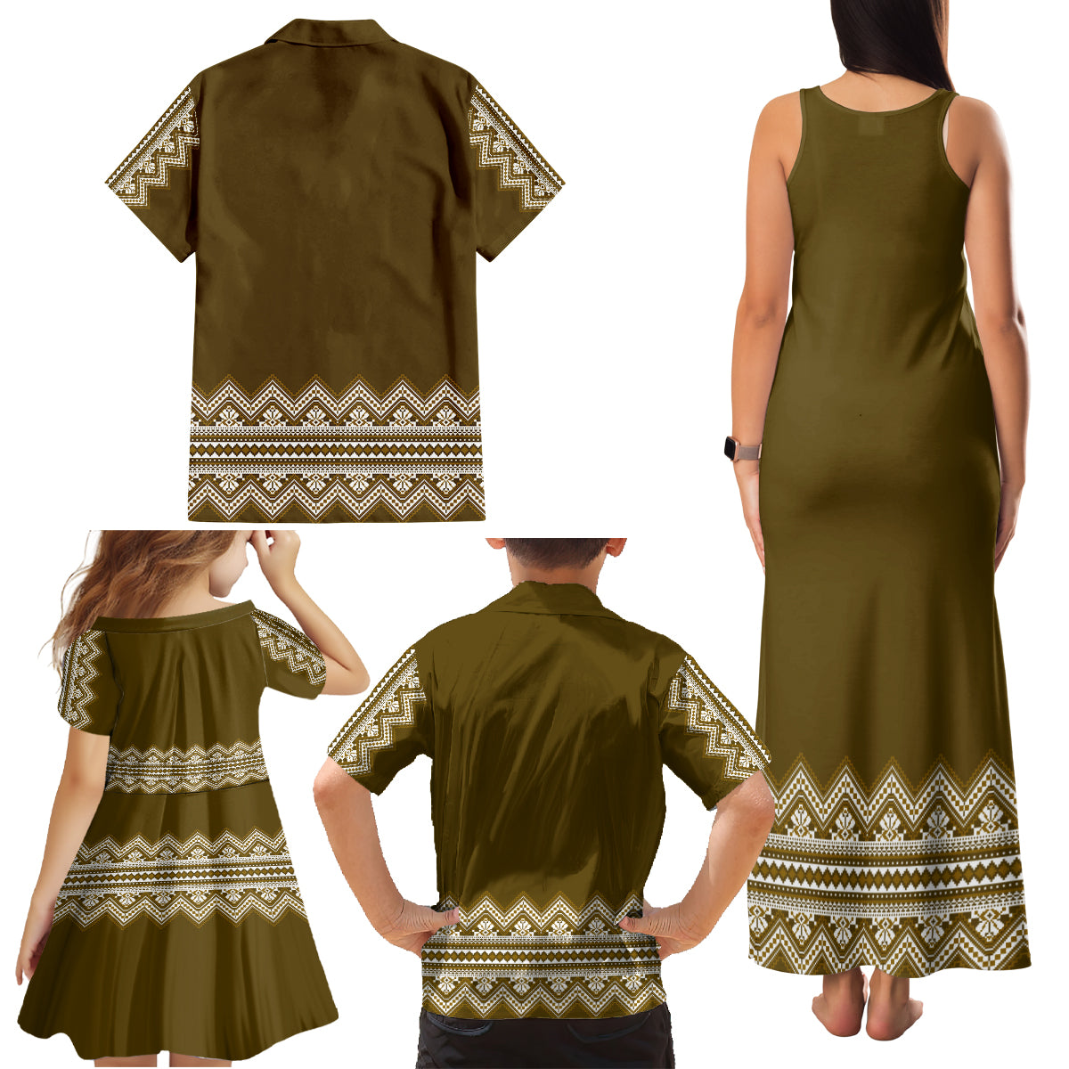 Ukraine Folk Pattern Family Matching Tank Maxi Dress and Hawaiian Shirt Ukrainian Wood Brown Version - Wonder Print Shop