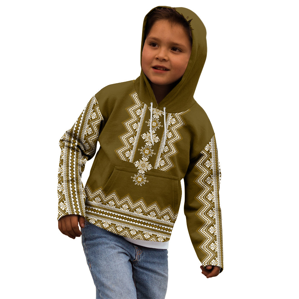 Ukraine Folk Pattern Kid Hoodie Ukrainian Wood Brown Version - Wonder Print Shop