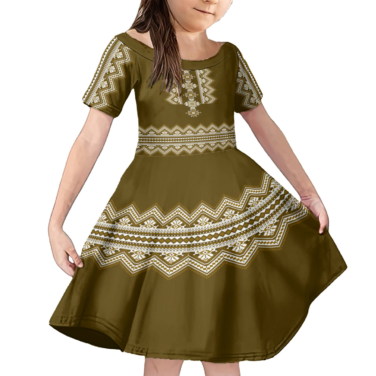 Ukraine Folk Pattern Kid Short Sleeve Dress Ukrainian Wood Brown Version - Wonder Print Shop