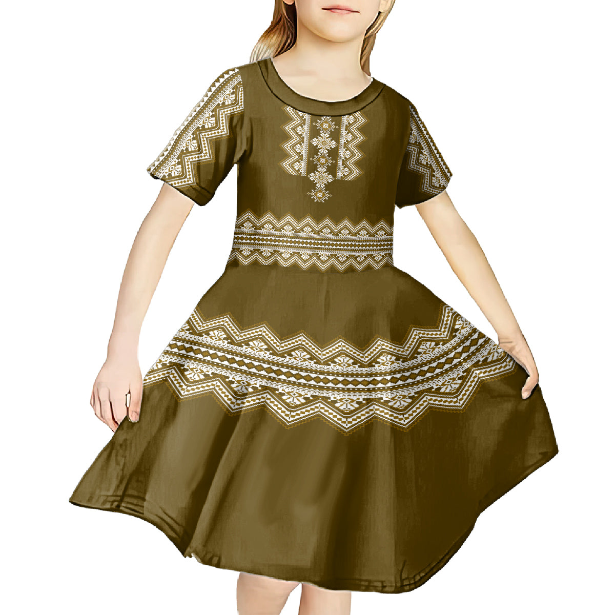 Ukraine Folk Pattern Kid Short Sleeve Dress Ukrainian Wood Brown Version - Wonder Print Shop