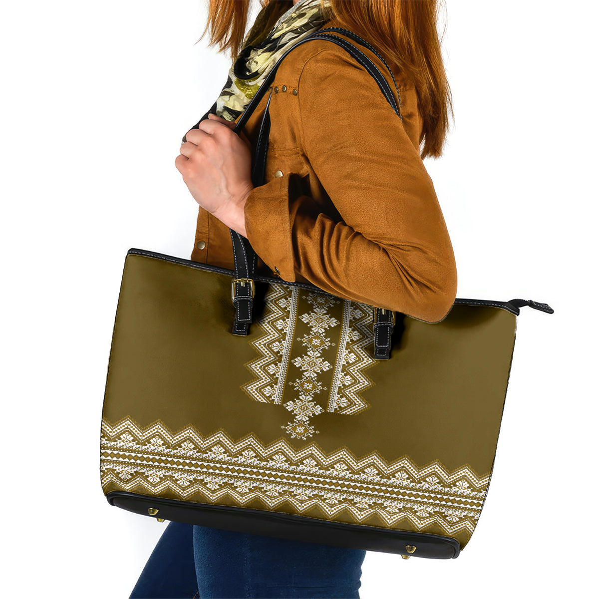 Ukraine Folk Pattern Leather Tote Bag Ukrainian Wood Brown Version - Wonder Print Shop