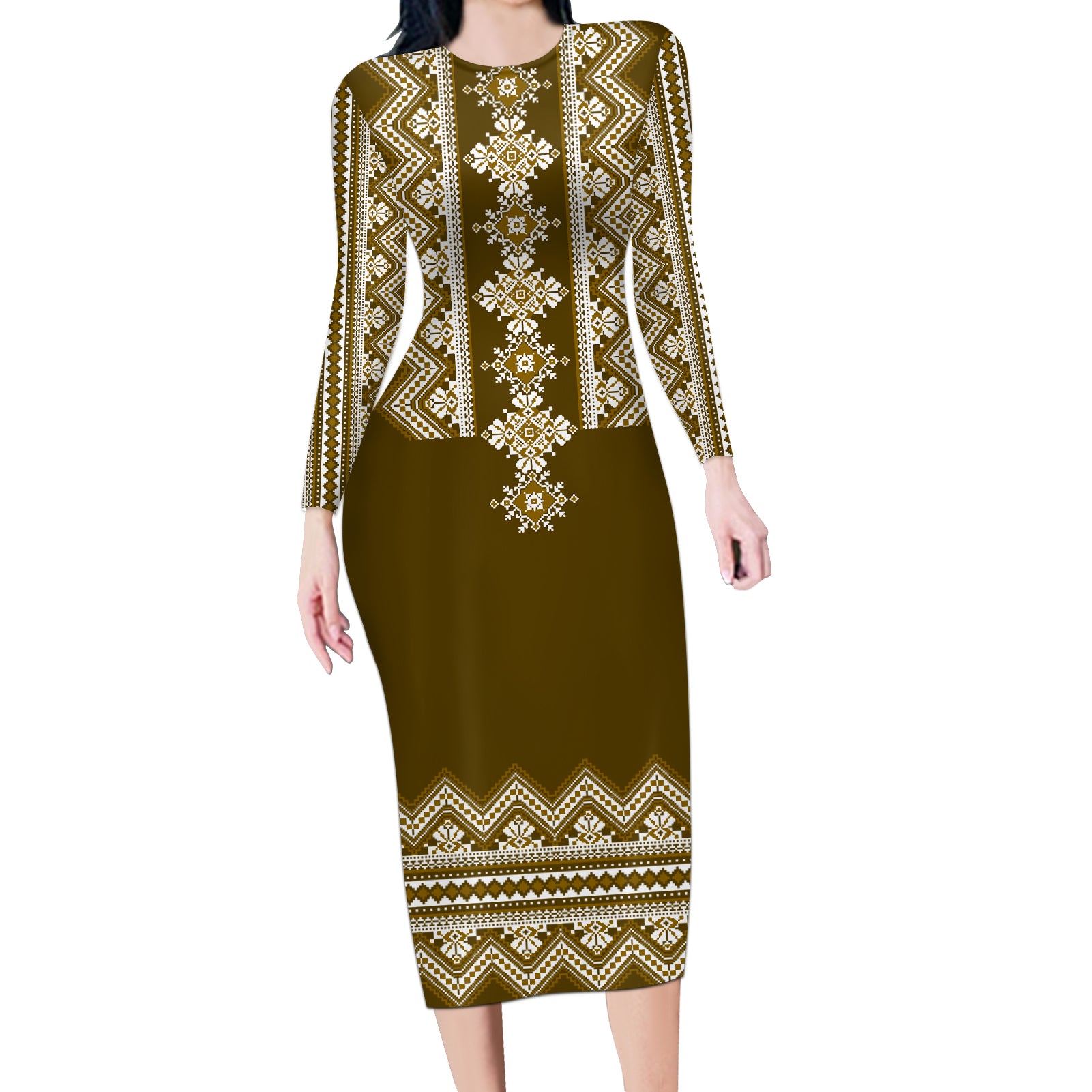 ukraine-folk-pattern-long-sleeve-bodycon-dress-ukrainian-wood-brown-version