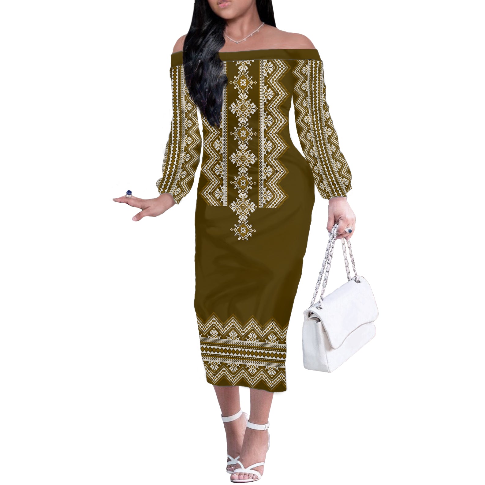 Ukraine Folk Pattern Off The Shoulder Long Sleeve Dress Ukrainian Wood Brown Version - Wonder Print Shop