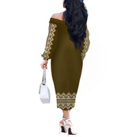 Ukraine Folk Pattern Off The Shoulder Long Sleeve Dress Ukrainian Wood Brown Version - Wonder Print Shop