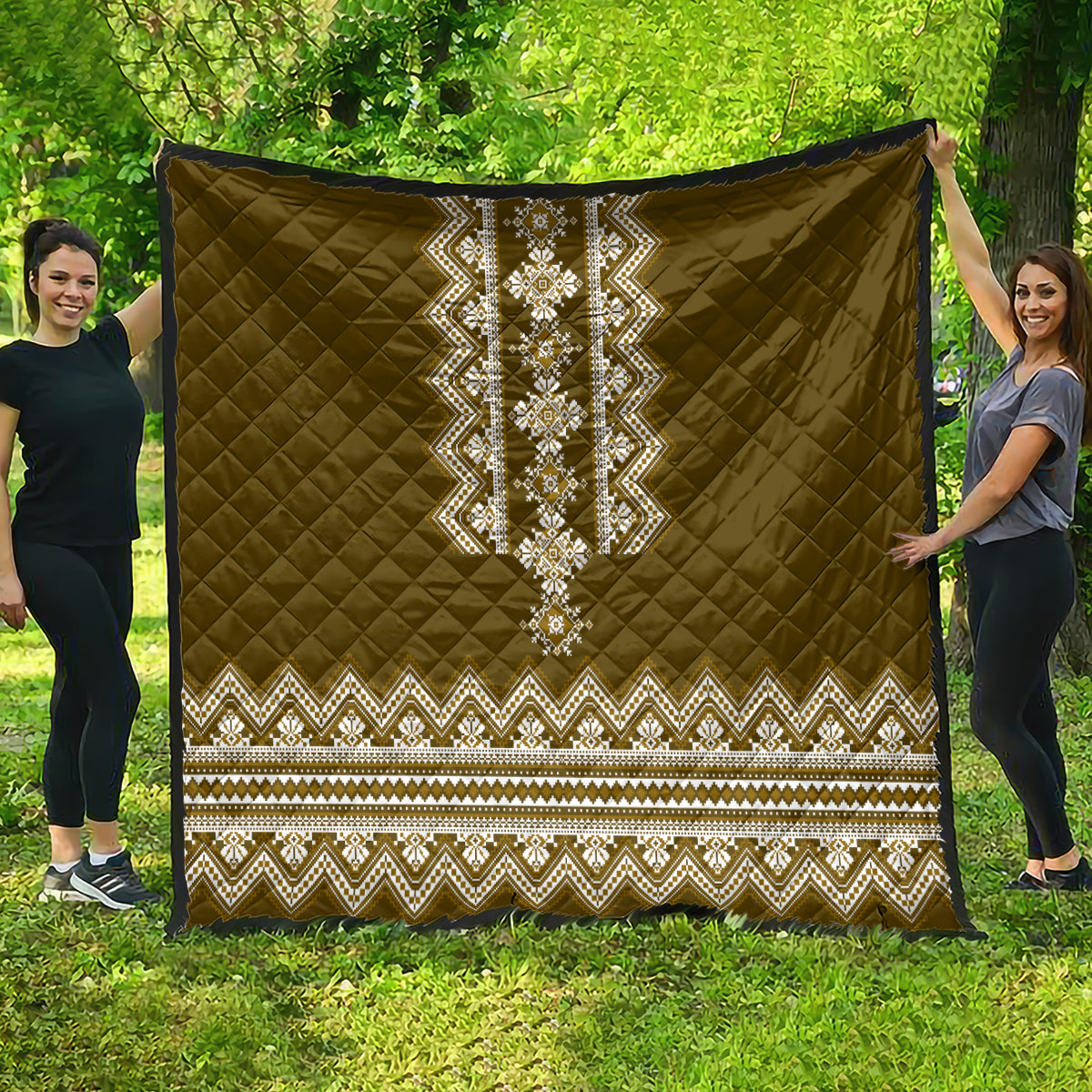 Ukraine Folk Pattern Quilt Ukrainian Wood Brown Version - Wonder Print Shop