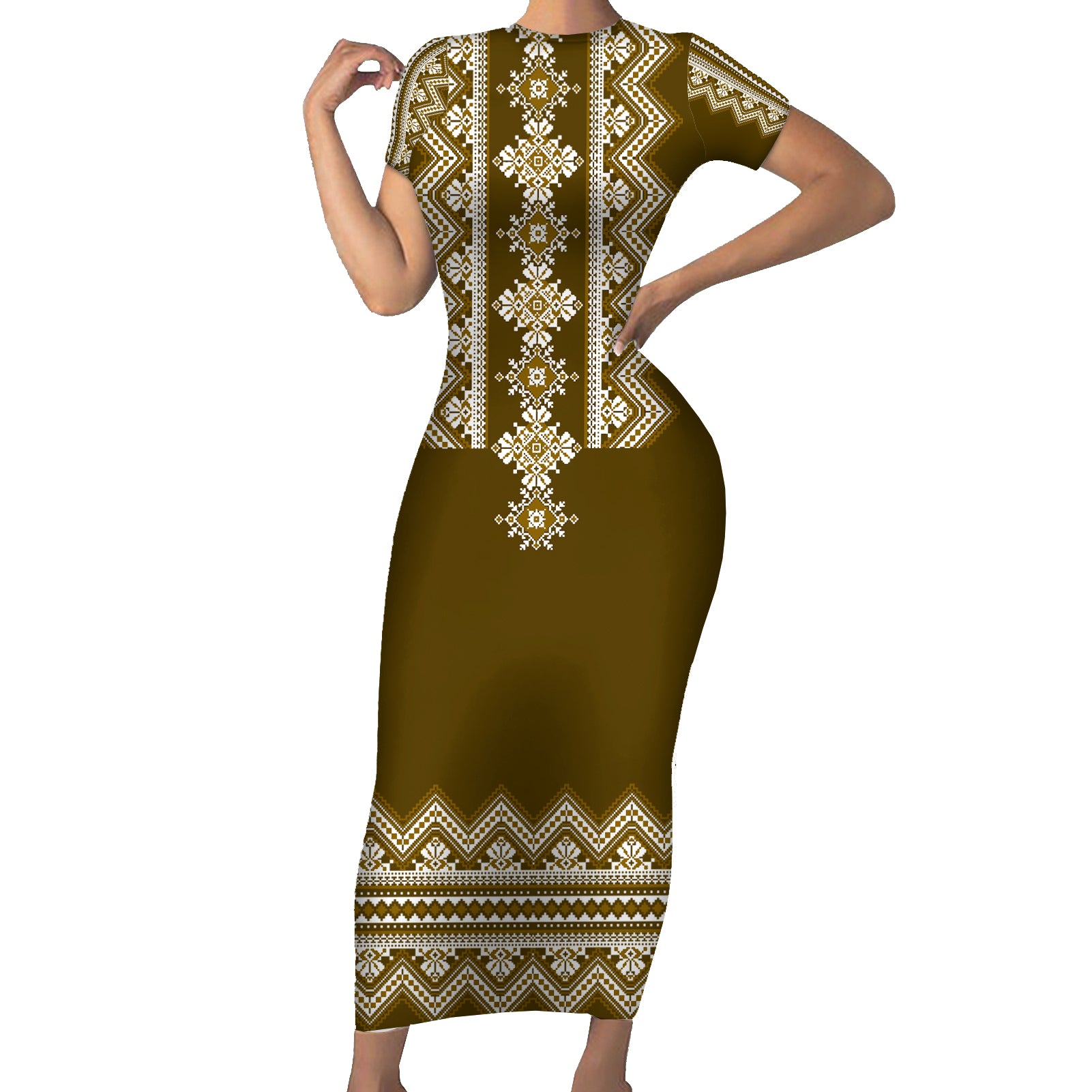 ukraine-folk-pattern-short-sleeve-bodycon-dress-ukrainian-wood-brown-version