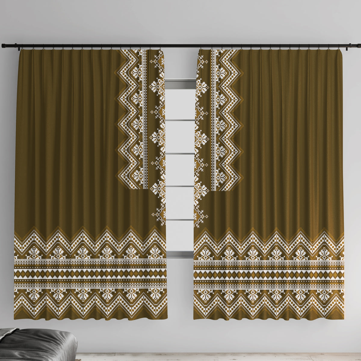 Ukraine Folk Pattern Window Curtain Ukrainian Wood Brown Version - Wonder Print Shop