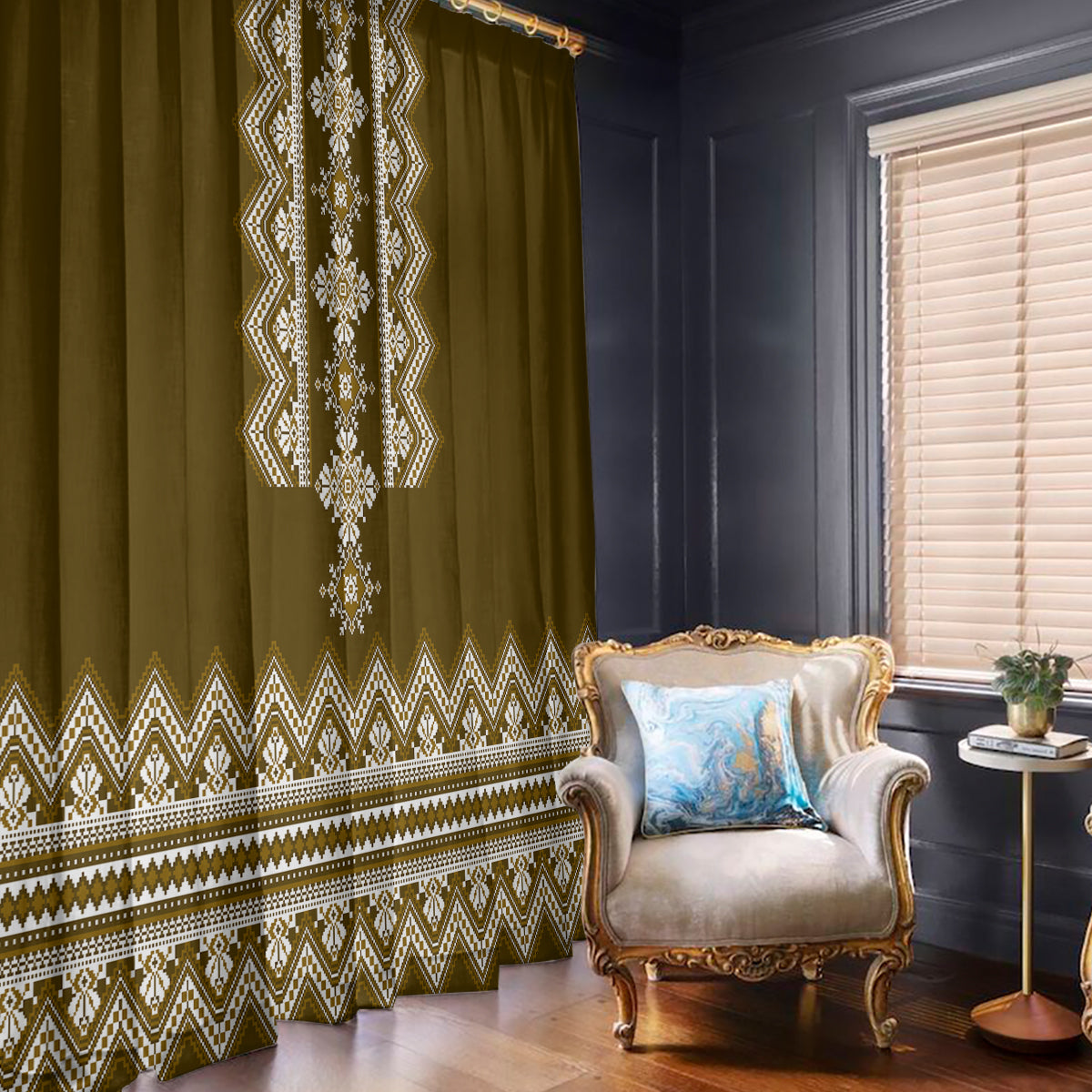 Ukraine Folk Pattern Window Curtain Ukrainian Wood Brown Version - Wonder Print Shop