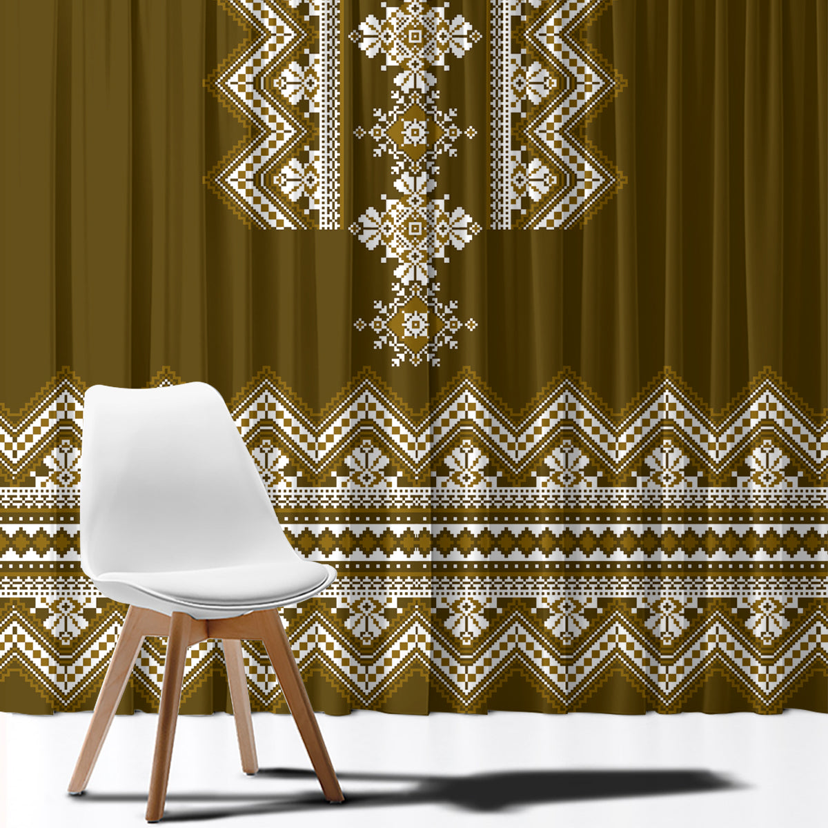 Ukraine Folk Pattern Window Curtain Ukrainian Wood Brown Version - Wonder Print Shop