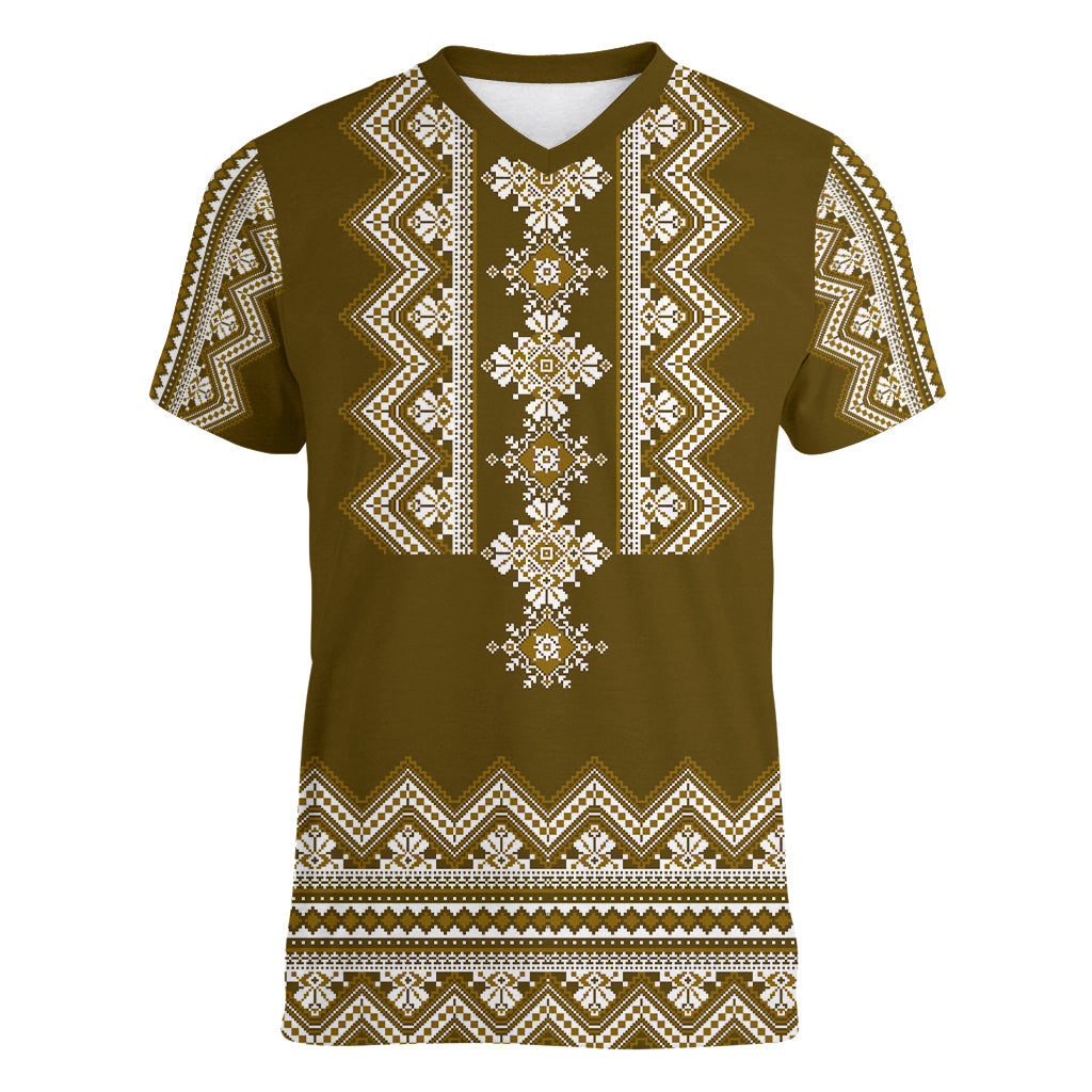 Ukraine Folk Pattern Women V Neck T Shirt Ukrainian Wood Brown Version - Wonder Print Shop
