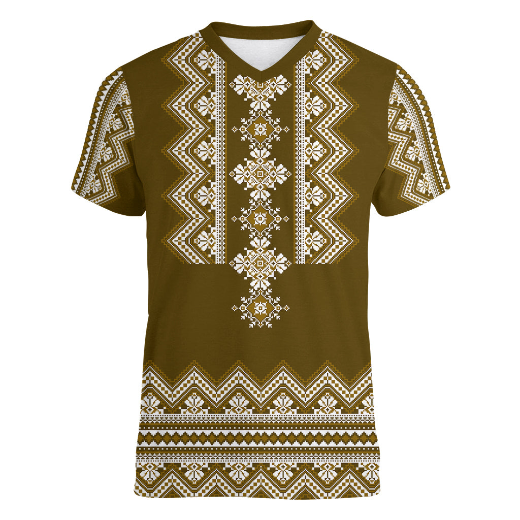 ukraine-folk-pattern-women-v-neck-t-shirt-ukrainian-wood-brown-version