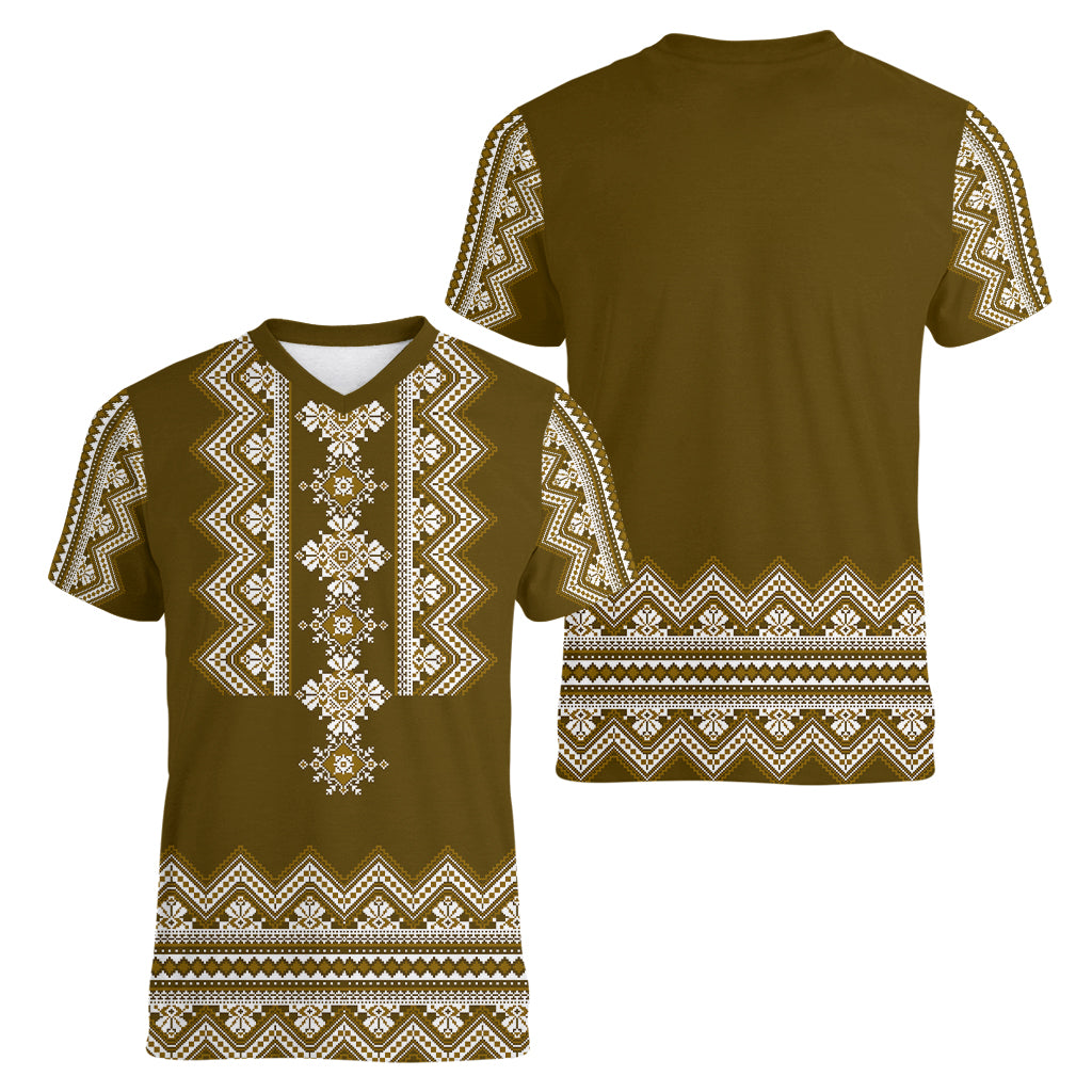Ukraine Folk Pattern Women V Neck T Shirt Ukrainian Wood Brown Version - Wonder Print Shop