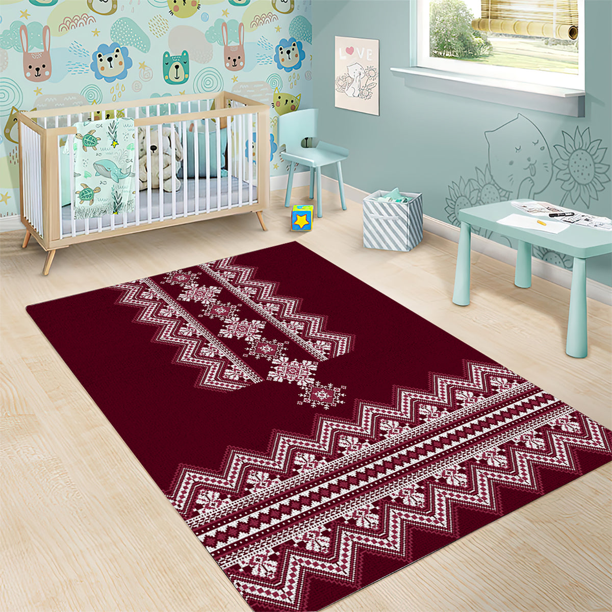 Ukraine Folk Pattern Area Rug Ukrainian Wine Red Version - Wonder Print Shop