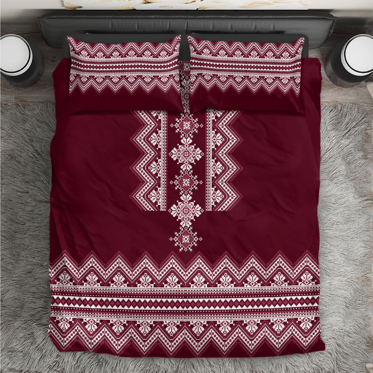 Ukraine Folk Pattern Bedding Set Ukrainian Wine Red Version - Wonder Print Shop