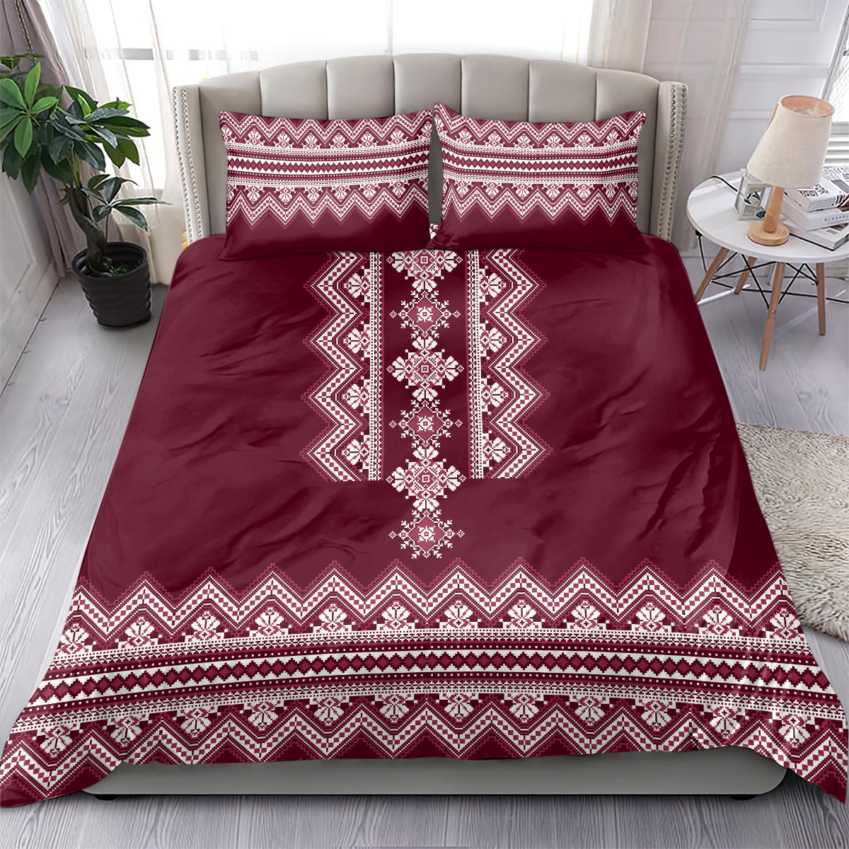 Ukraine Folk Pattern Bedding Set Ukrainian Wine Red Version - Wonder Print Shop