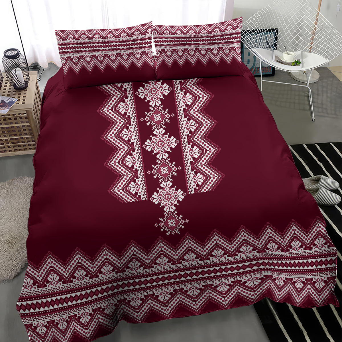 Ukraine Folk Pattern Bedding Set Ukrainian Wine Red Version - Wonder Print Shop