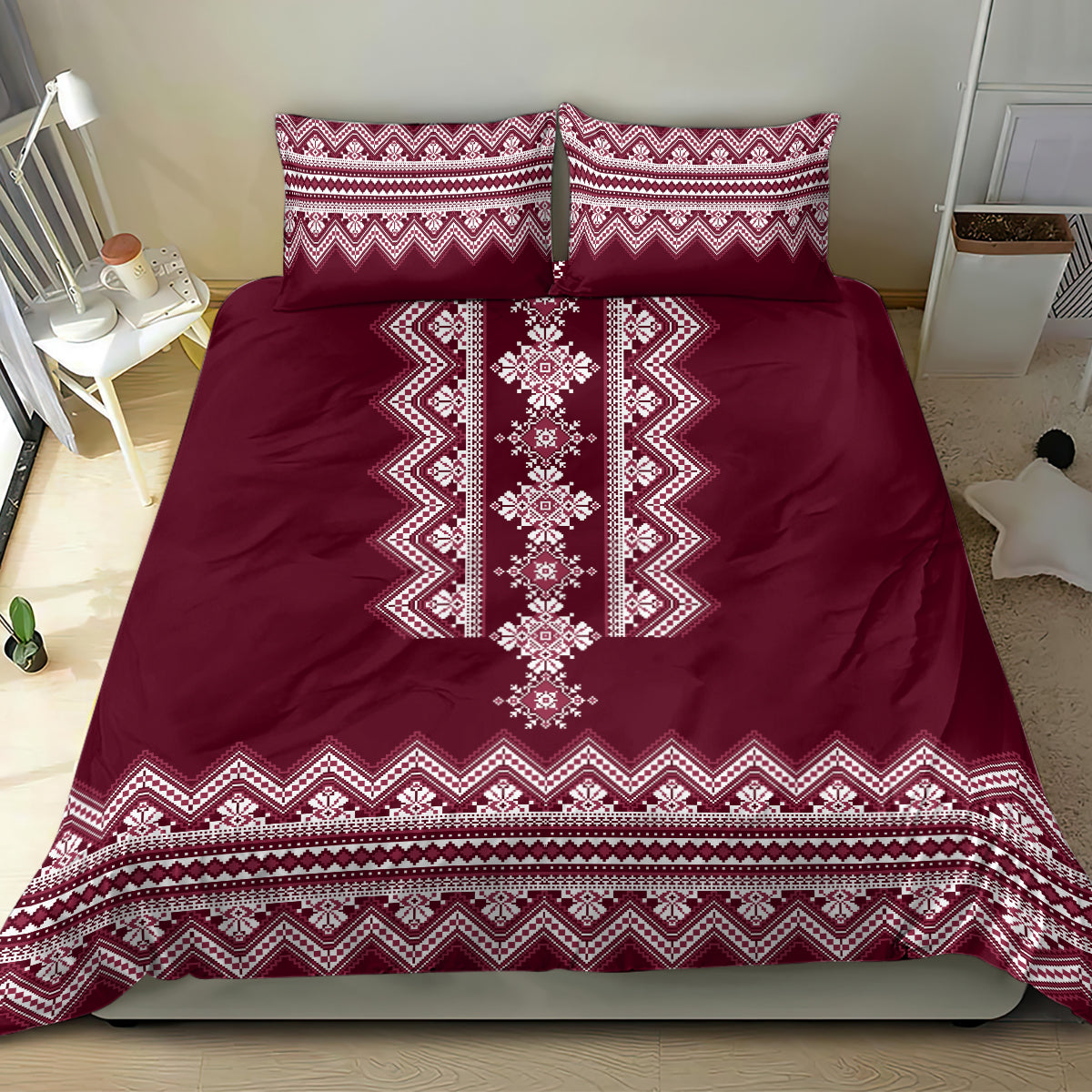 Ukraine Folk Pattern Bedding Set Ukrainian Wine Red Version - Wonder Print Shop