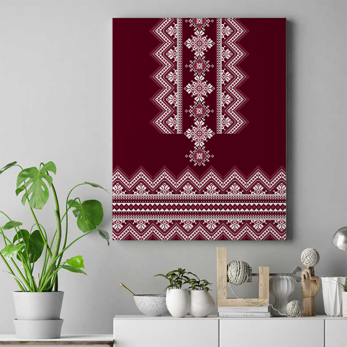 Ukraine Folk Pattern Canvas Wall Art Ukrainian Wine Red Version - Wonder Print Shop