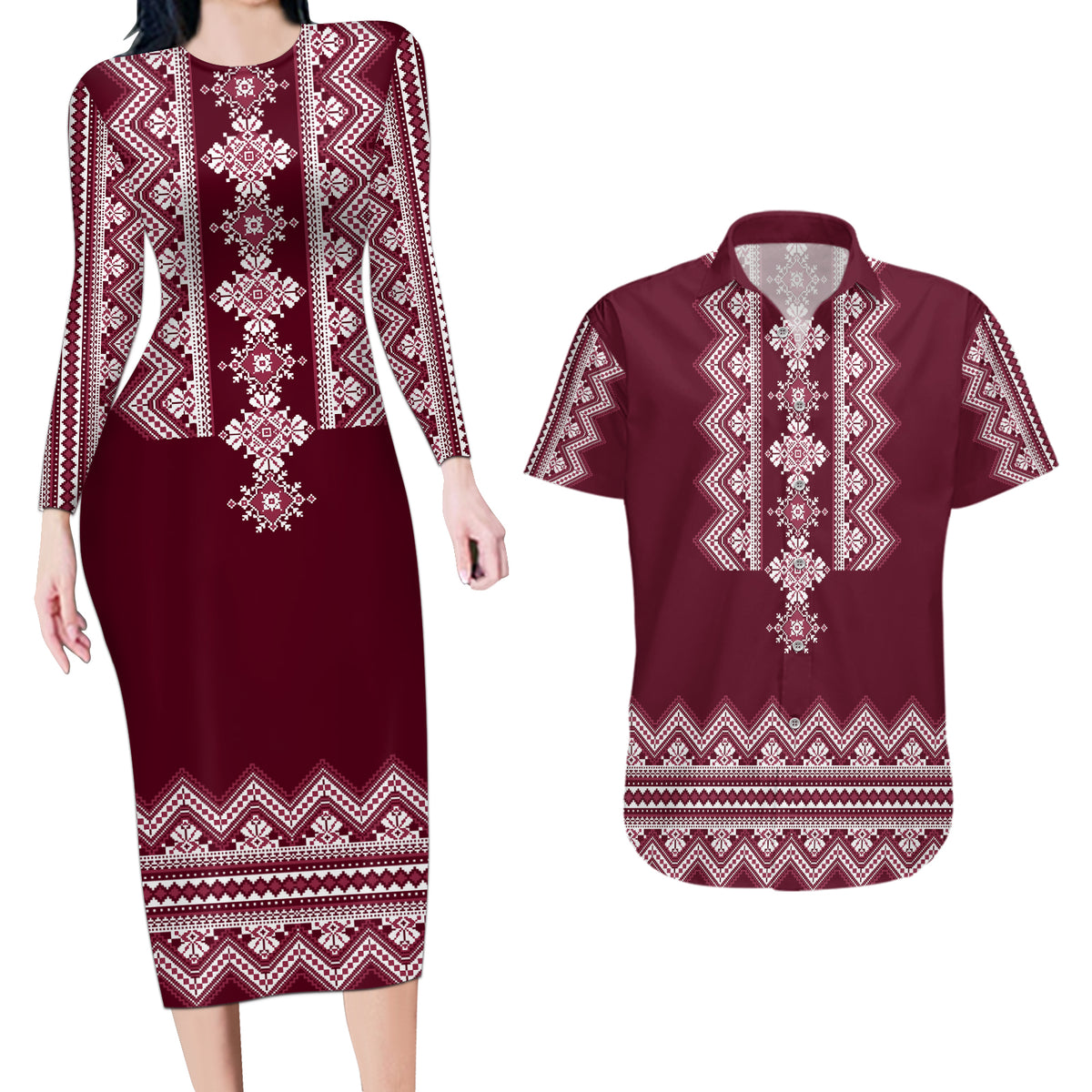 Ukraine Folk Pattern Couples Matching Long Sleeve Bodycon Dress and Hawaiian Shirt Ukrainian Wine Red Version - Wonder Print Shop