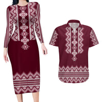 Ukraine Folk Pattern Couples Matching Long Sleeve Bodycon Dress and Hawaiian Shirt Ukrainian Wine Red Version - Wonder Print Shop