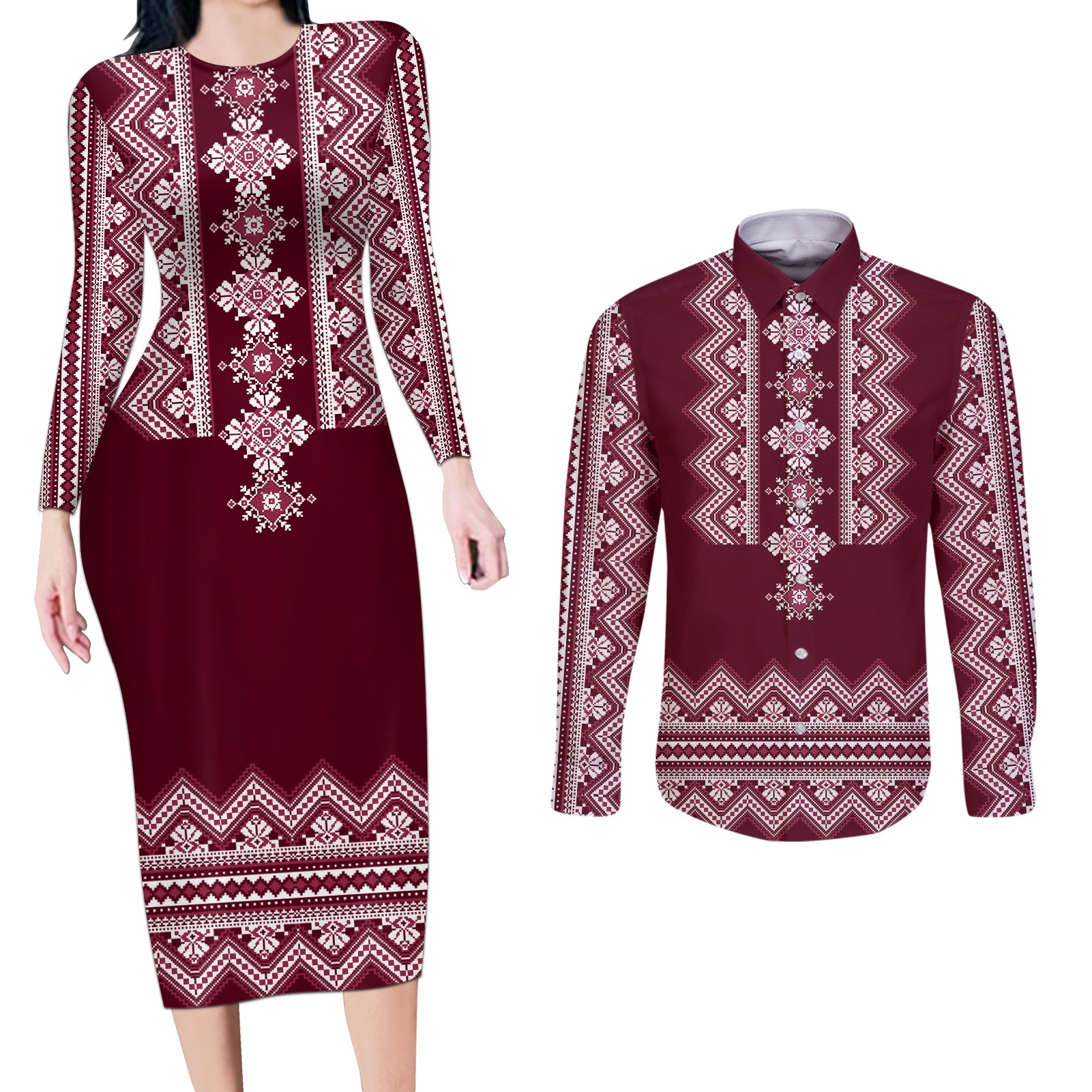 ukraine-folk-pattern-couples-matching-long-sleeve-bodycon-dress-and-long-sleeve-button-shirt-ukrainian-wine-red-version