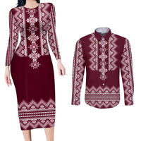 Ukraine Folk Pattern Couples Matching Long Sleeve Bodycon Dress and Long Sleeve Button Shirt Ukrainian Wine Red Version - Wonder Print Shop