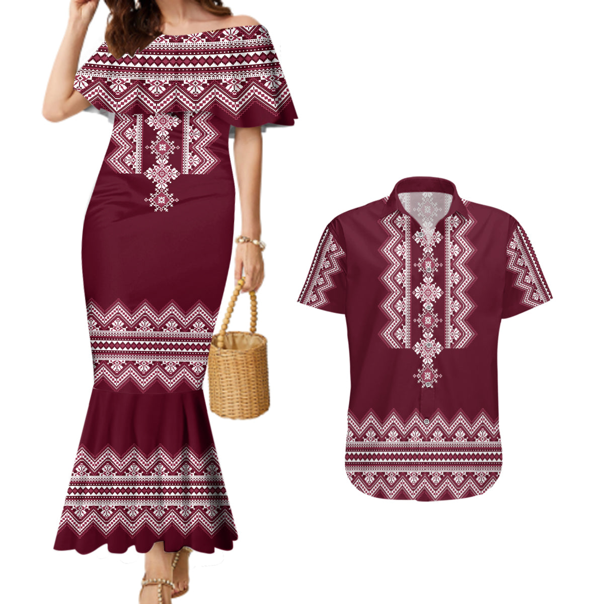 ukraine-folk-pattern-couples-matching-mermaid-dress-and-hawaiian-shirt-ukrainian-wine-red-version