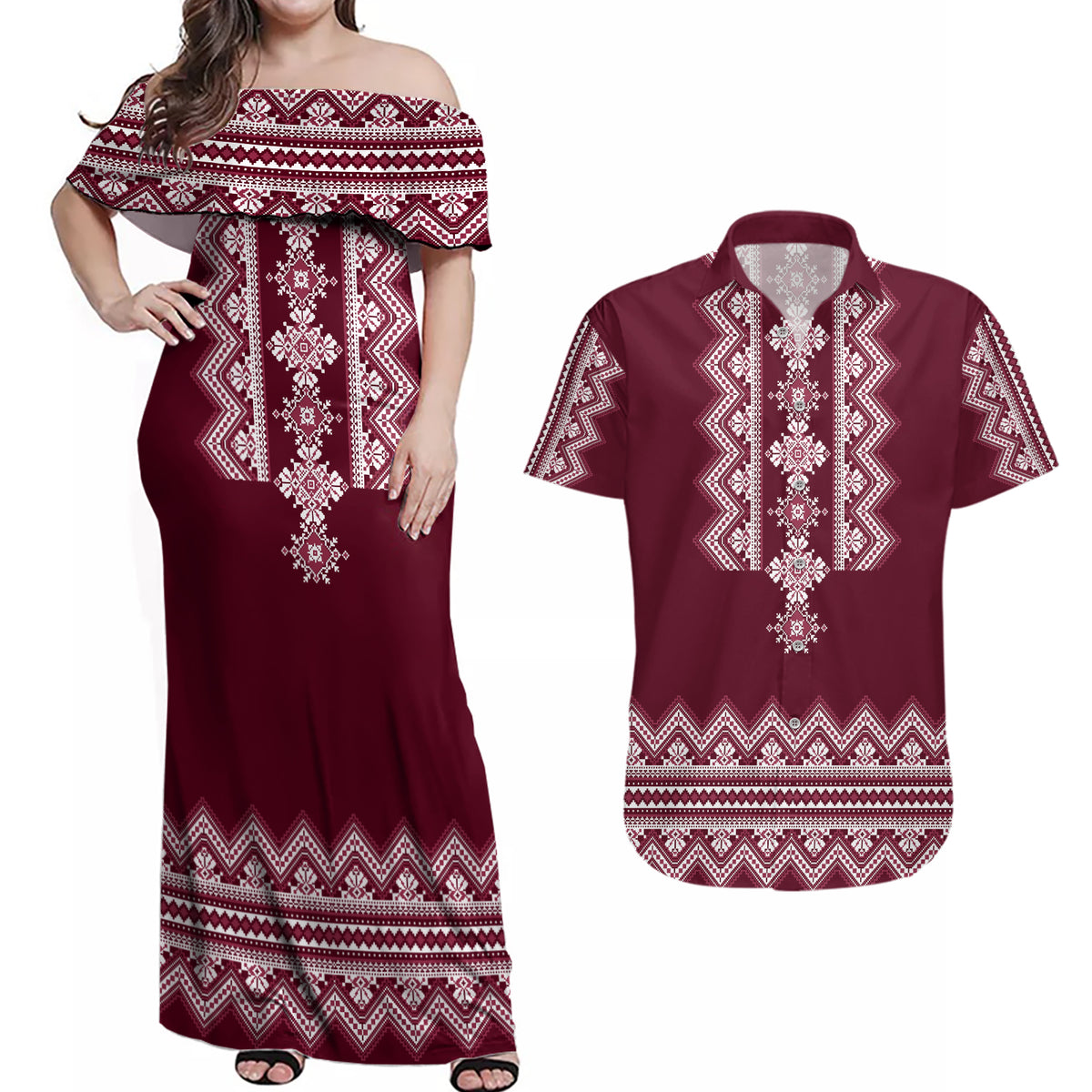 Ukraine Folk Pattern Couples Matching Off Shoulder Maxi Dress and Hawaiian Shirt Ukrainian Wine Red Version - Wonder Print Shop