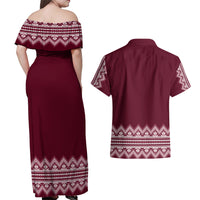 Ukraine Folk Pattern Couples Matching Off Shoulder Maxi Dress and Hawaiian Shirt Ukrainian Wine Red Version - Wonder Print Shop