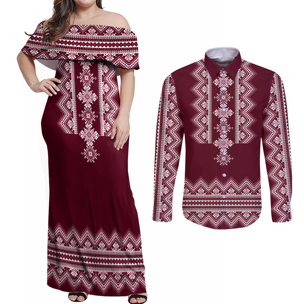 ukraine-folk-pattern-couples-matching-off-shoulder-maxi-dress-and-long-sleeve-button-shirt-ukrainian-wine-red-version