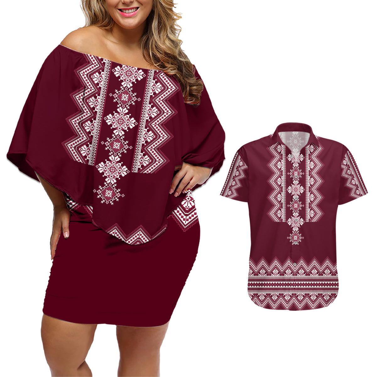 Ukraine Folk Pattern Couples Matching Off Shoulder Short Dress and Hawaiian Shirt Ukrainian Wine Red Version - Wonder Print Shop