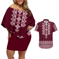 Ukraine Folk Pattern Couples Matching Off Shoulder Short Dress and Hawaiian Shirt Ukrainian Wine Red Version - Wonder Print Shop