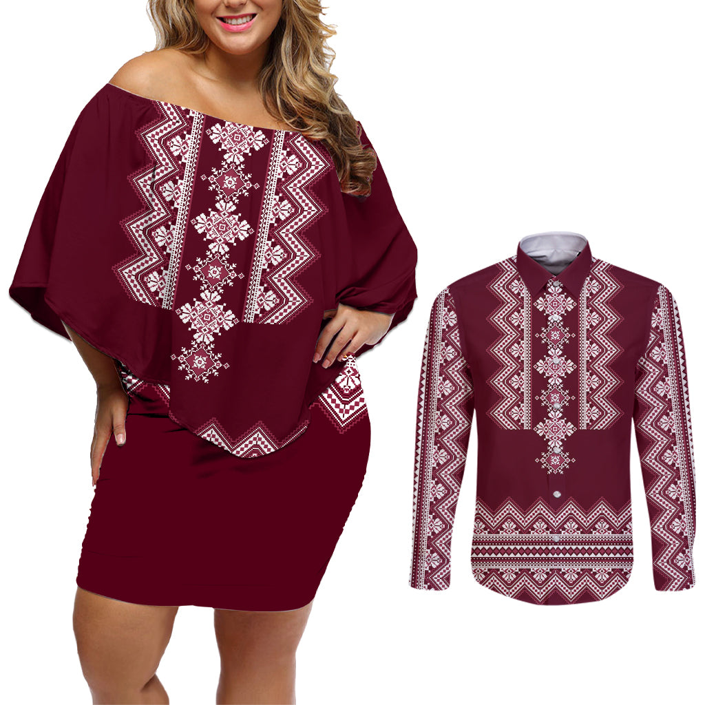 ukraine-folk-pattern-couples-matching-off-shoulder-short-dress-and-long-sleeve-button-shirt-ukrainian-wine-red-version