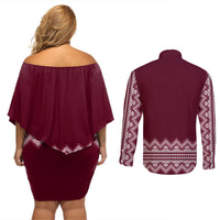 Ukraine Folk Pattern Couples Matching Off Shoulder Short Dress and Long Sleeve Button Shirt Ukrainian Wine Red Version - Wonder Print Shop