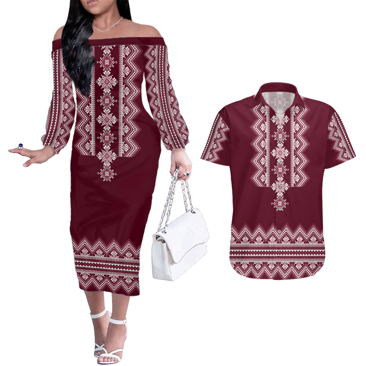 Ukraine Folk Pattern Couples Matching Off The Shoulder Long Sleeve Dress and Hawaiian Shirt Ukrainian Wine Red Version - Wonder Print Shop