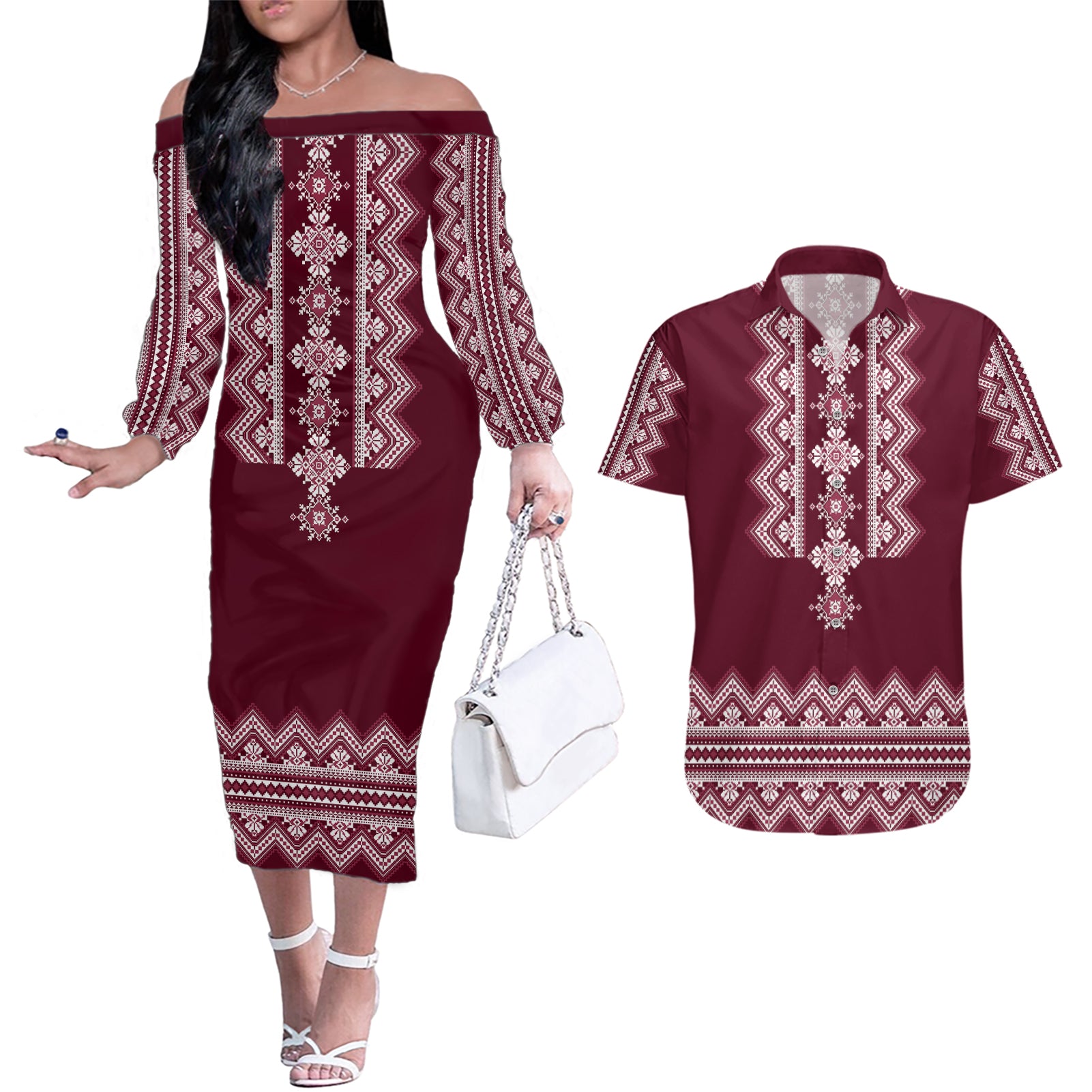 ukraine-folk-pattern-couples-matching-off-the-shoulder-long-sleeve-dress-and-hawaiian-shirt-ukrainian-wine-red-version