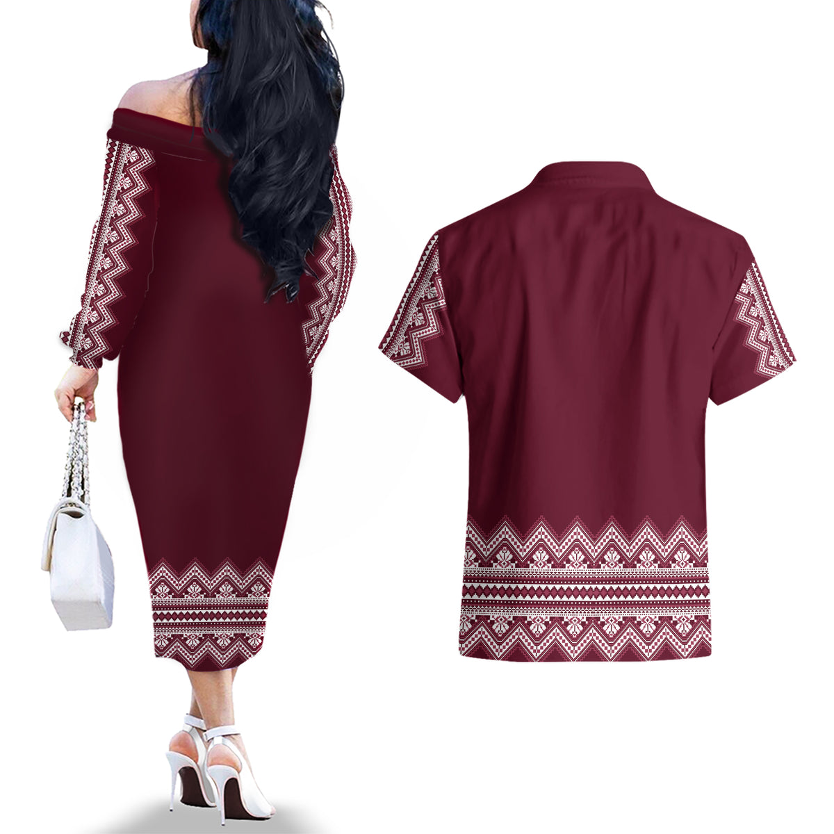 Ukraine Folk Pattern Couples Matching Off The Shoulder Long Sleeve Dress and Hawaiian Shirt Ukrainian Wine Red Version - Wonder Print Shop