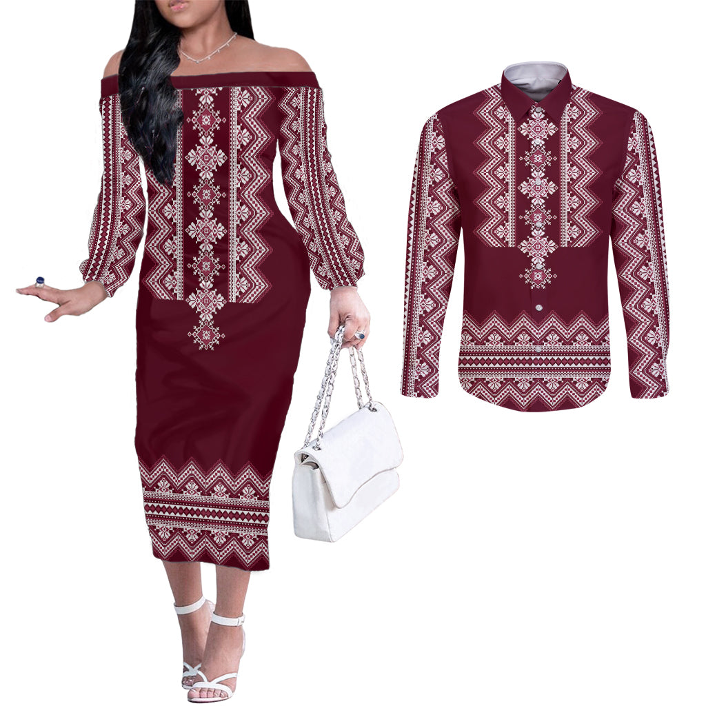 ukraine-folk-pattern-couples-matching-off-the-shoulder-long-sleeve-dress-and-long-sleeve-button-shirt-ukrainian-wine-red-version