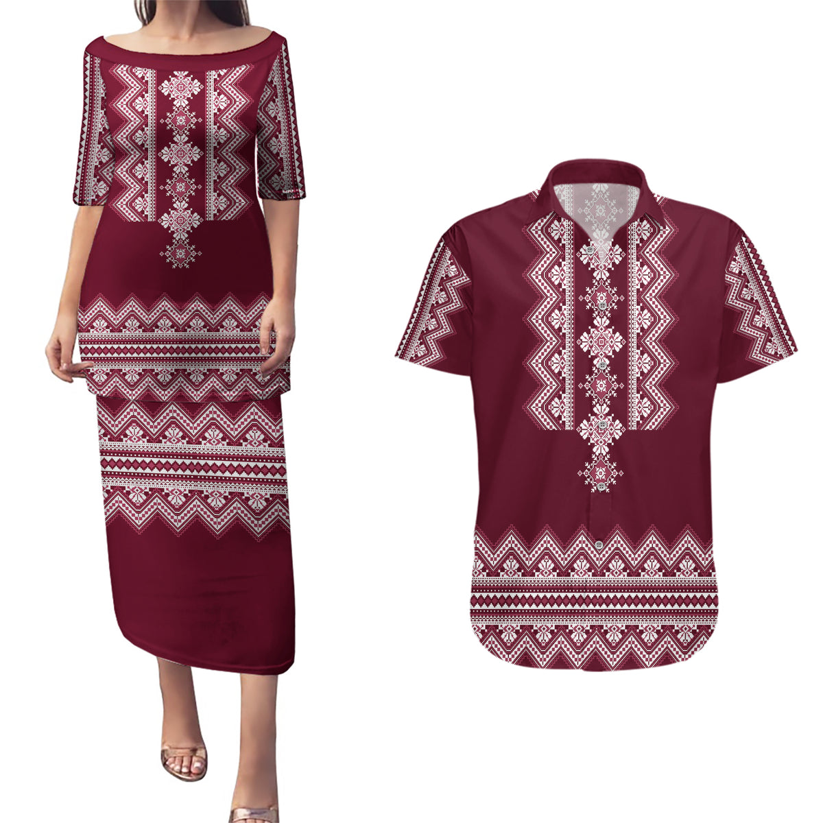 Ukraine Folk Pattern Couples Matching Puletasi Dress and Hawaiian Shirt Ukrainian Wine Red Version - Wonder Print Shop