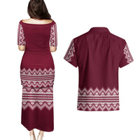 Ukraine Folk Pattern Couples Matching Puletasi Dress and Hawaiian Shirt Ukrainian Wine Red Version - Wonder Print Shop