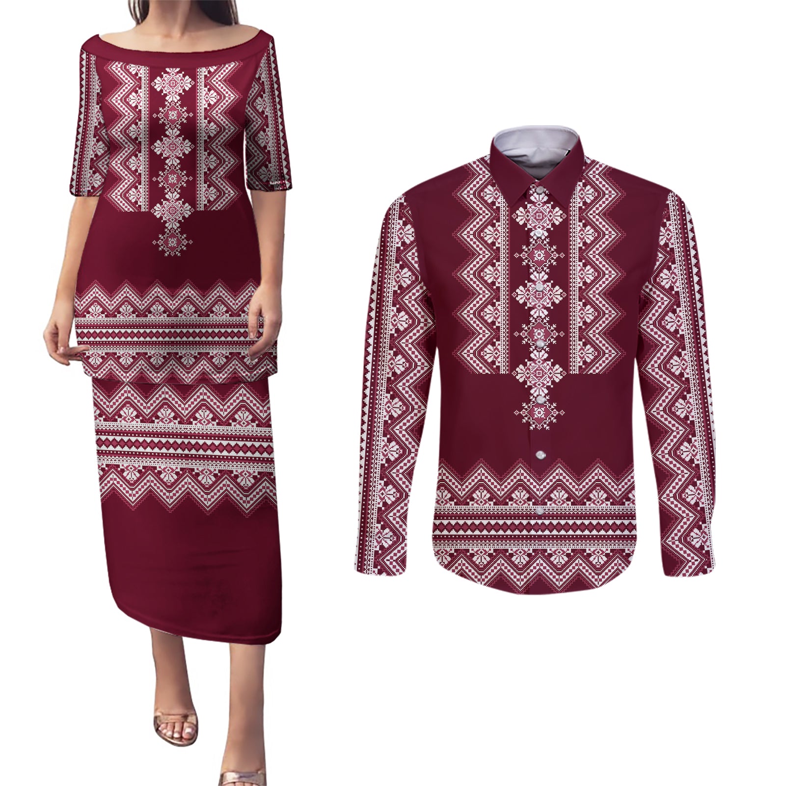 ukraine-folk-pattern-couples-matching-puletasi-dress-and-long-sleeve-button-shirt-ukrainian-wine-red-version