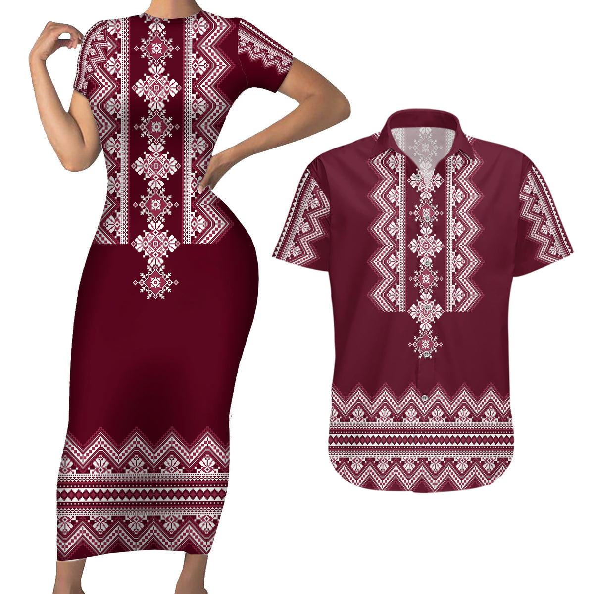 Ukraine Folk Pattern Couples Matching Short Sleeve Bodycon Dress and Hawaiian Shirt Ukrainian Wine Red Version - Wonder Print Shop