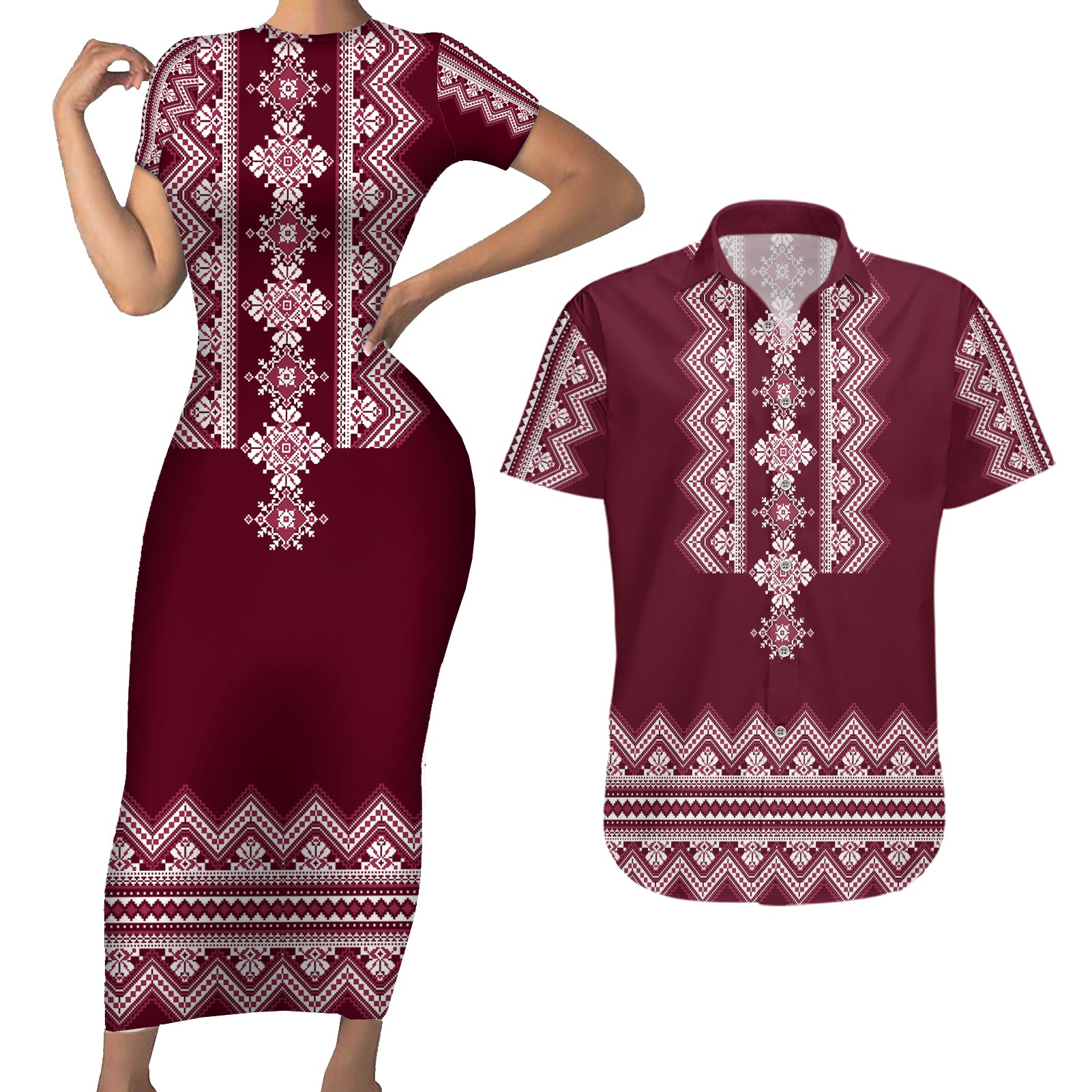 ukraine-folk-pattern-couples-matching-short-sleeve-bodycon-dress-and-hawaiian-shirt-ukrainian-wine-red-version