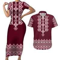 Ukraine Folk Pattern Couples Matching Short Sleeve Bodycon Dress and Hawaiian Shirt Ukrainian Wine Red Version - Wonder Print Shop