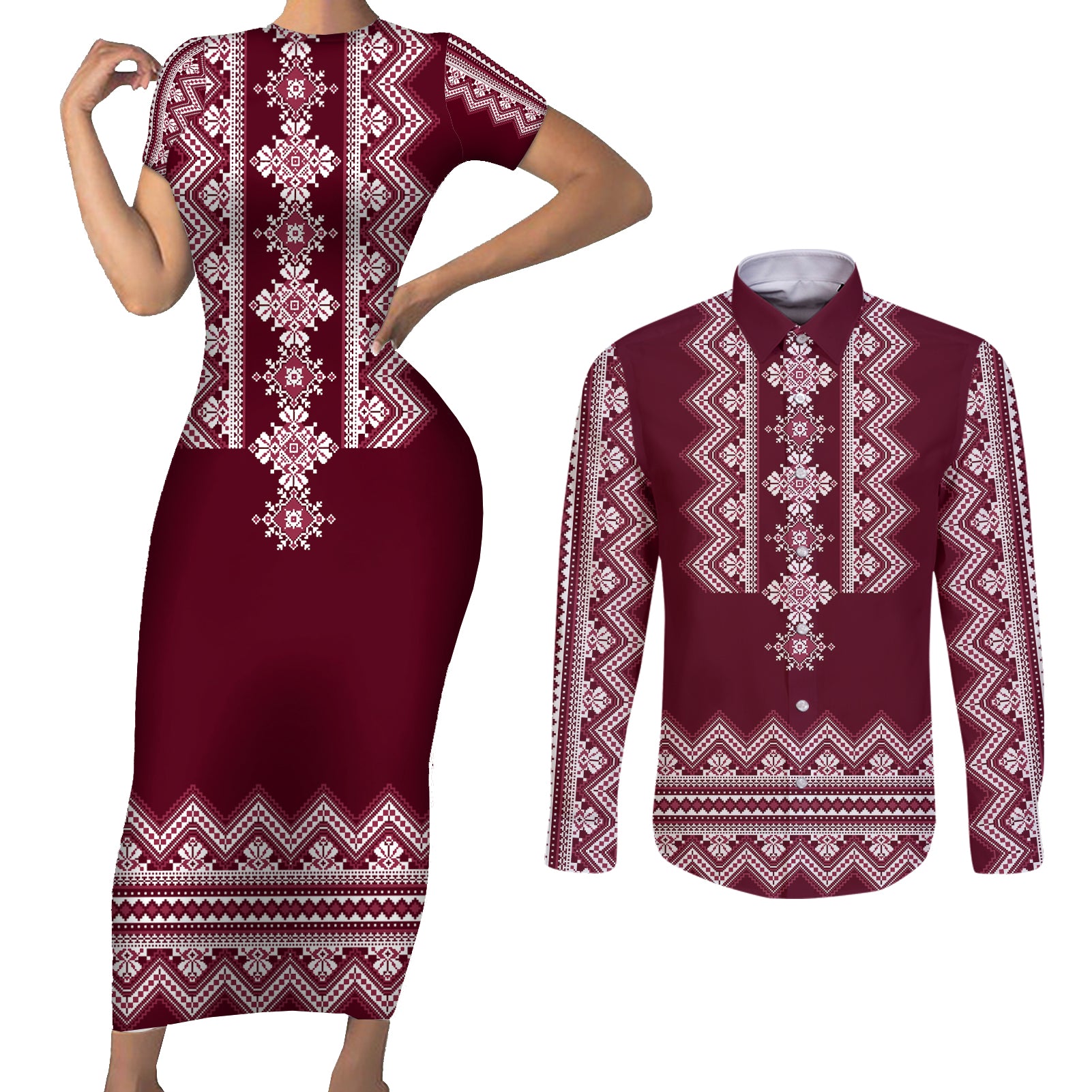ukraine-folk-pattern-couples-matching-short-sleeve-bodycon-dress-and-long-sleeve-button-shirt-ukrainian-wine-red-version
