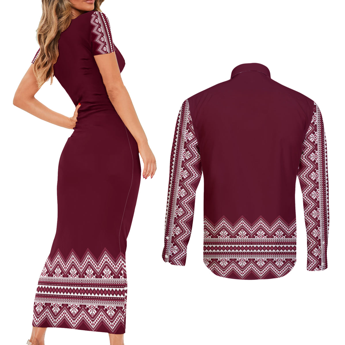 Ukraine Folk Pattern Couples Matching Short Sleeve Bodycon Dress and Long Sleeve Button Shirt Ukrainian Wine Red Version - Wonder Print Shop
