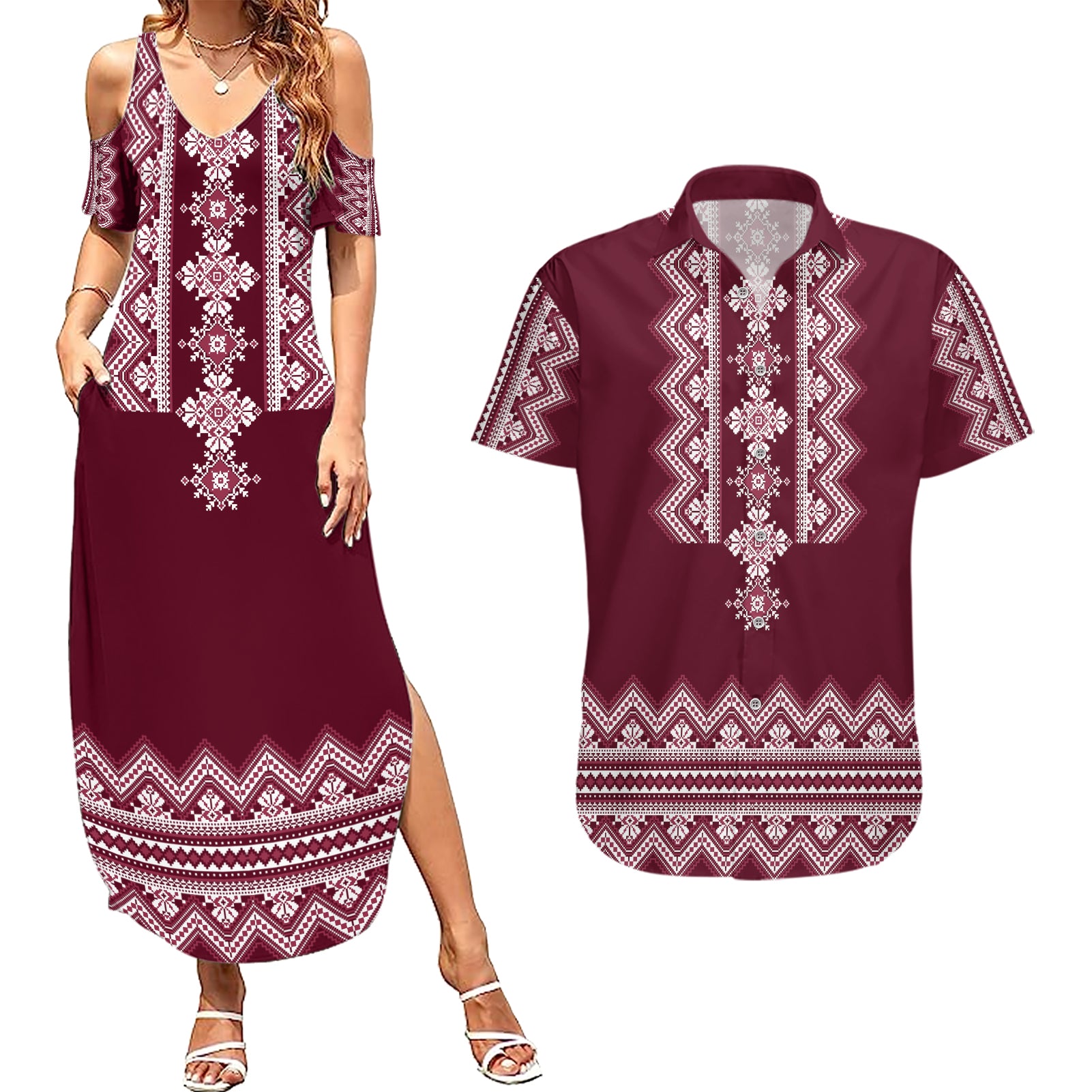 ukraine-folk-pattern-couples-matching-summer-maxi-dress-and-hawaiian-shirt-ukrainian-wine-red-version