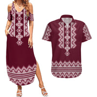 Ukraine Folk Pattern Couples Matching Summer Maxi Dress and Hawaiian Shirt Ukrainian Wine Red Version - Wonder Print Shop
